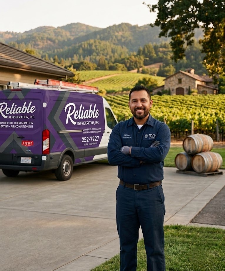 Reliable Refrigeration technician with a service van at a Napa Valley home