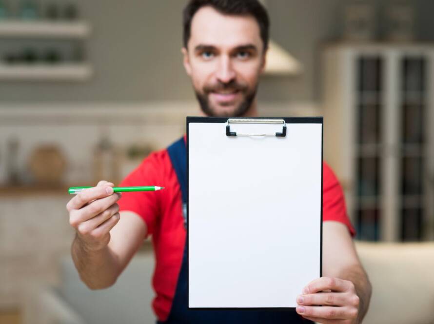 HVAC technician checking an outdoor AC unit during a maintenance tune-up