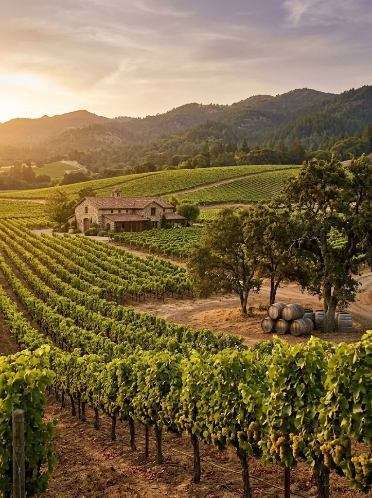 Napa Valley vineyard and farmhouse at sunset